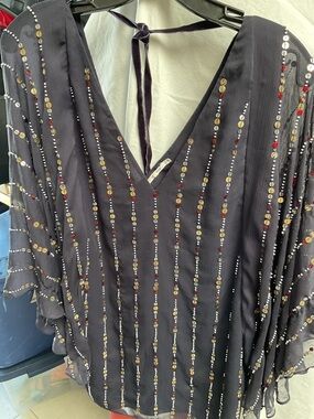 Tularosa Black V-Neck Sequin Blouse with Gold and Red Accents